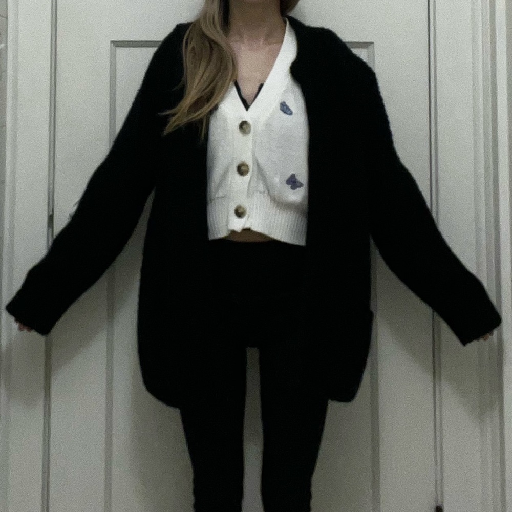 Black vintage open knit popcorn cardigan